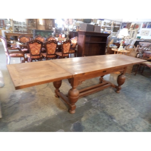 545 - • Antique Solid Oak Extendable Refectory Dinning Table with Bulbous Legs and Carvings