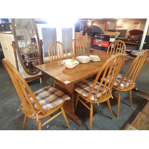 811 - Wooden Table/Bench and 6 x Wooden Chairs with Cushion