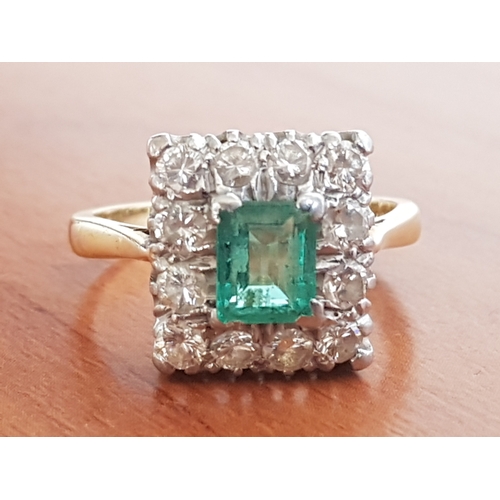 246 - 18ct Emerald & Diamond Art Deco Cluster Ring, Approx. 1.0ct Emerald, Surrounded by 12 x Old Cut Diam... 