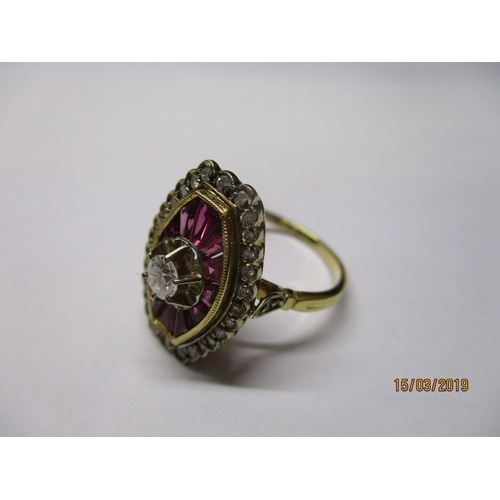 86 - Art Deco Gold Ring with Large Diamond in Centre, 28-Little Diamonds & Quanitty of Ruby, 5.3g