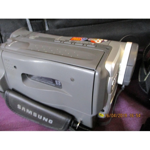 684 - Vintage Olympus Foto Camera (Film) with Accessories and Video Camera Samsung and Large Proffesional ... 