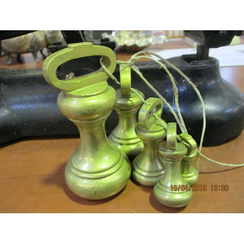 425 - Vintage Librasco Kitchen Scales, Complete with Brass Pans & Set of 5 x Brass Bell Weights