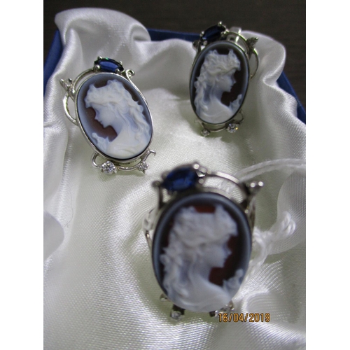 63 - Silver Cameo Ring and Earrings Set