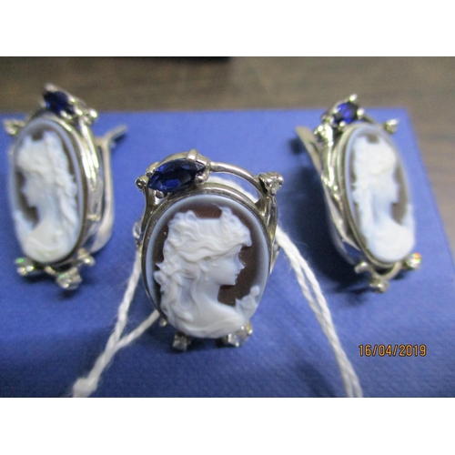 63 - Silver Cameo Ring and Earrings Set