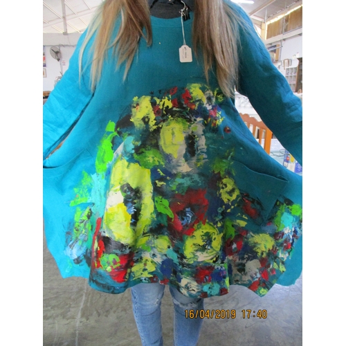 21 - Original Hand Painted Turquoise Tunic with Floral Pattern by International Artist Olga Tregubova, (#... 