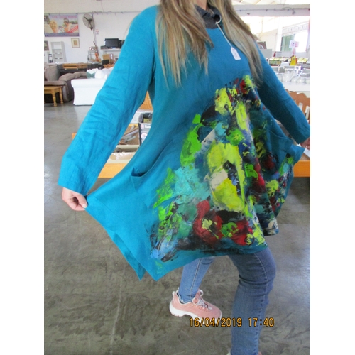 21 - Original Hand Painted Turquoise Tunic with Floral Pattern by International Artist Olga Tregubova, (#... 