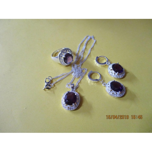 431 - Silver .925 Jewellery set with Violet Crystals Ring with Matching Earrings and Pendant