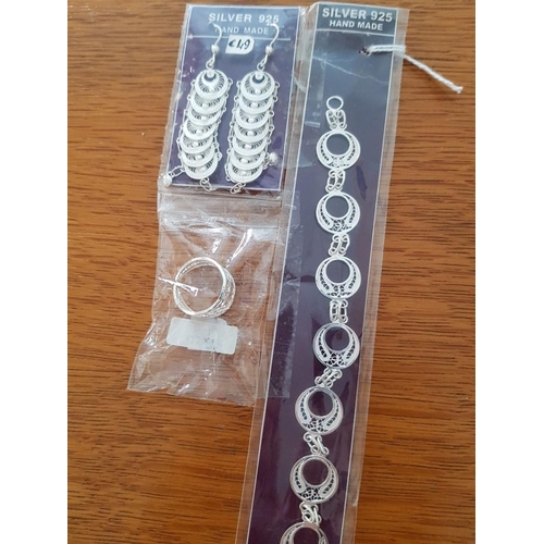 443 - Collection of Hand Made 925 Silver Items with Filigree Work; Necklace with Similar Earrings and 1 x ... 