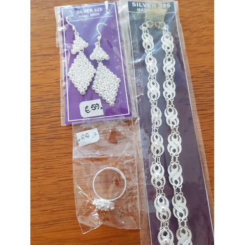429 - Collection of Hand Made 925 Silver Items with Filigree Work; Necklace, Earrings and Matching Ring, N... 