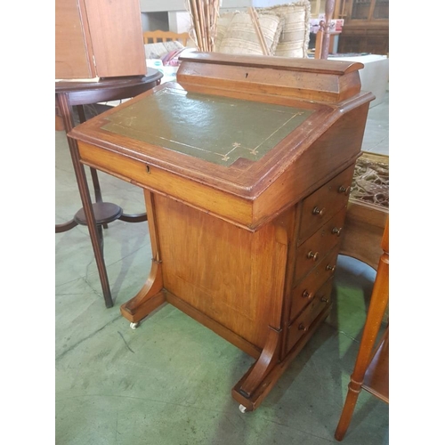 449 - Victorian Inlaid Davenport with Leather Insert, Original Casters, Four Side Drawers and Desk Tidy wi... 