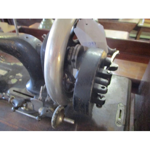 418 - Antique Sewing Machine with Inlaid Mother of Pearl Surround, Large Wooden Base and Cover Box