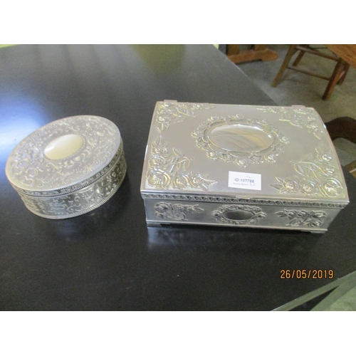 417 - Ornate Heavy Metal Jewellery Box & Ornate Oval Metal Box , Velvet Lined
