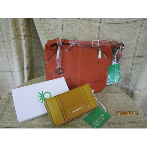 96 - Benetton Set: Terracota Colour Ladies Handbag & Yellow Wallet