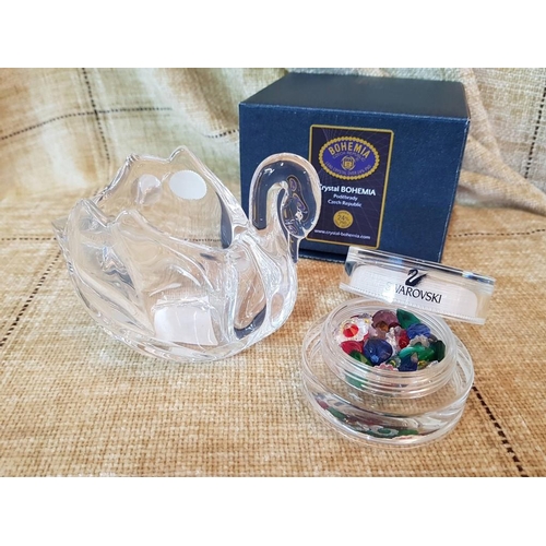94 - Bohemia Crystal Swan Together with Swarovski Crystals in Glass Pot, (2)