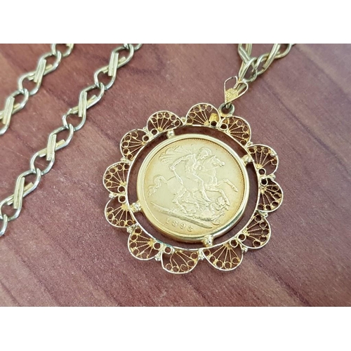 84 - 1893 Half Sovereaign Set in 18ct Gold Filigree Pendant on Link Chain / Necklace T/W 23.0g
