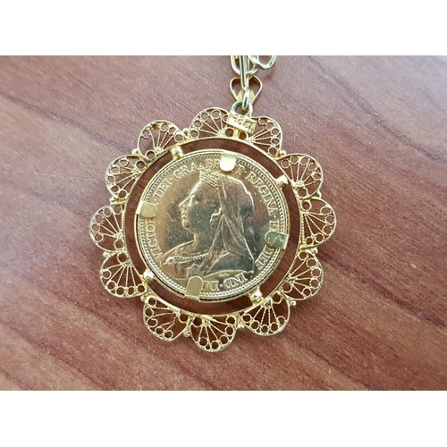 84 - 1893 Half Sovereaign Set in 18ct Gold Filigree Pendant on Link Chain / Necklace T/W 23.0g