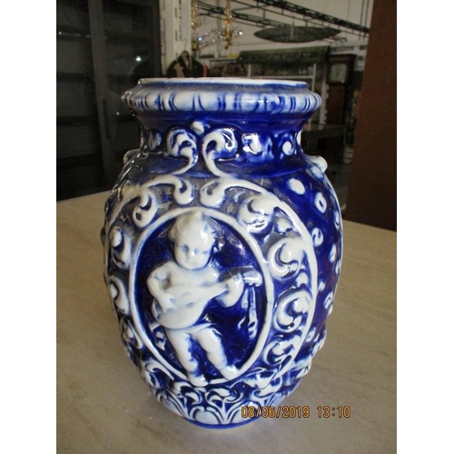 103 - Vintage Ceramic Blue / White Vase with Cherub Pattern