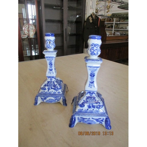 104 - Pair of Continental Style Candle Sticks White / blue Porcelain