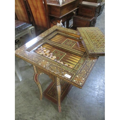 116 - Middle Eastern Vintage Marquetry Games Table with Folding and Revolving Top, Felt Line Storage, Cabr... 