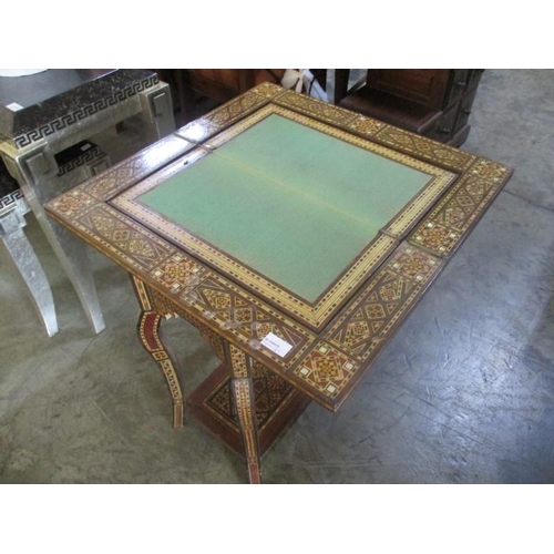 116 - Middle Eastern Vintage Marquetry Games Table with Folding and Revolving Top, Felt Line Storage, Cabr... 