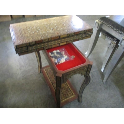 116 - Middle Eastern Vintage Marquetry Games Table with Folding and Revolving Top, Felt Line Storage, Cabr... 