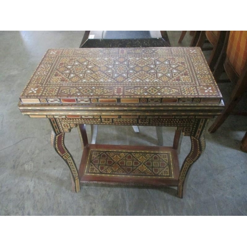 116 - Middle Eastern Vintage Marquetry Games Table with Folding and Revolving Top, Felt Line Storage, Cabr... 