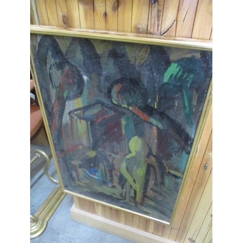 122 - Painting 'Composition with Figure' 1990 by Giannis Messinis, in Golden Frame