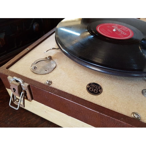 1 - Vintage Decca 66 Portable Gramophone, Manual Wind, Together with a Few Records