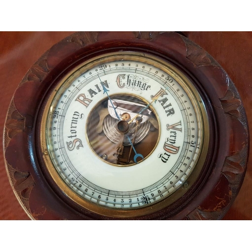 11 - Vintage Wall Barometer with Carved Wood Surround and Thermometer