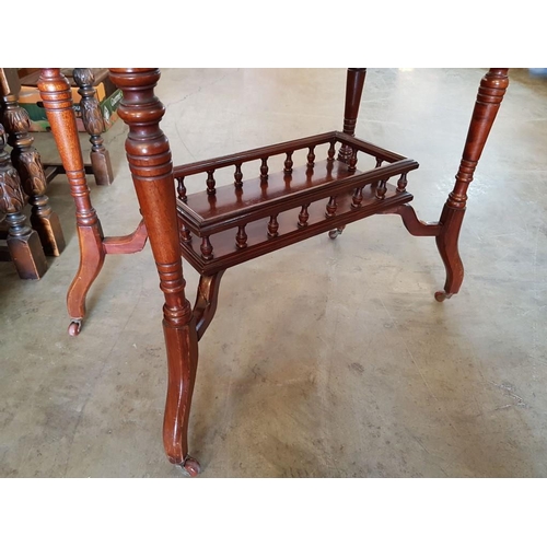 28 - Rectangular Wooden Side Table with Turned Legs on Casters and Galleried Lower Shelf