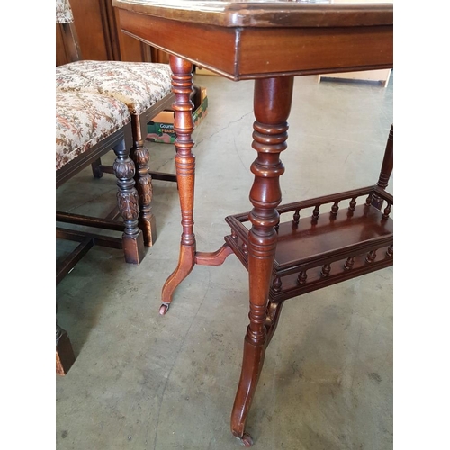 28 - Rectangular Wooden Side Table with Turned Legs on Casters and Galleried Lower Shelf