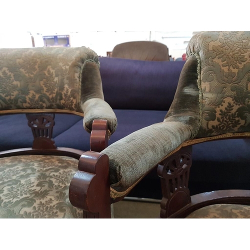 36 - Pair of Edwardian Upholstered Armchairs with Green Fabric, Carved Wood Frame and Cabriole Legs with ... 