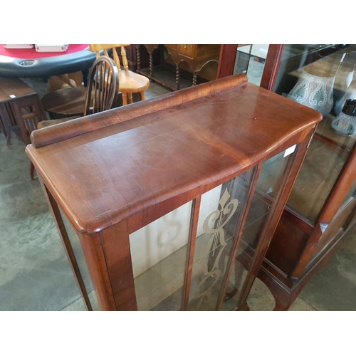 37 - Vintage Walnut Display Cabinet with Decorated Glazed Door, 2 x Glass Shelves, Key