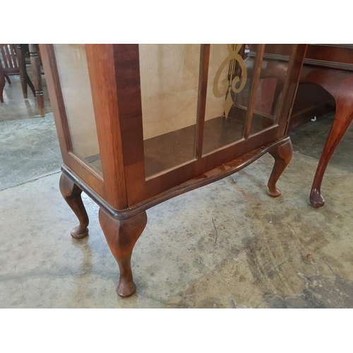 37 - Vintage Walnut Display Cabinet with Decorated Glazed Door, 2 x Glass Shelves, Key