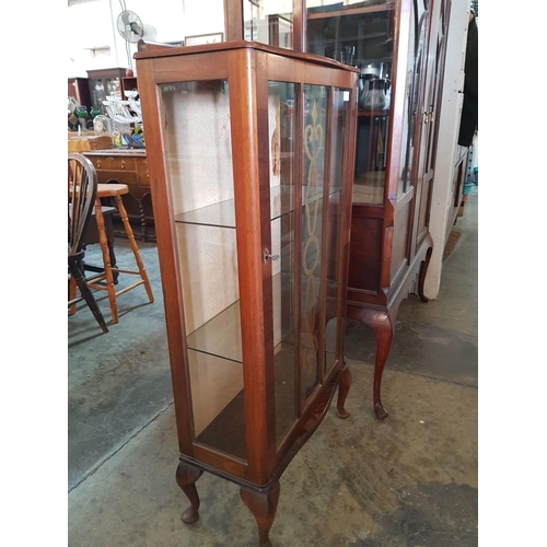 37 - Vintage Walnut Display Cabinet with Decorated Glazed Door, 2 x Glass Shelves, Key