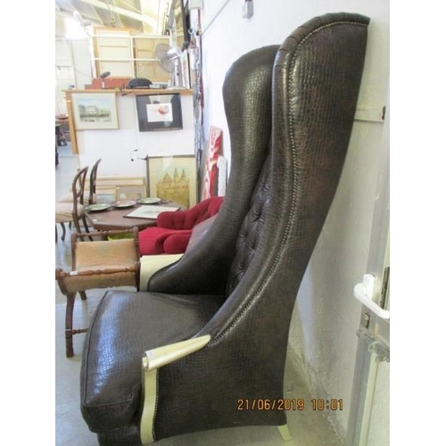 135 - Tall Wing Back, Button Back Throne Armchair with Carved Scroll Arms, Crocodile Leather Effect with D... 