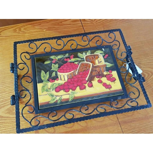 189 - Ornate, Black Iron, Serving Tray with Painted Ceramic Center Tile Depicting Fruit Baskets