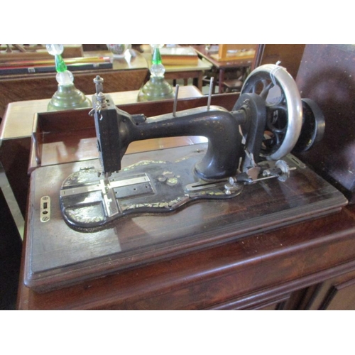 179 - Antique Sewing Machine with Inlaid Mother of Pearl Surround, Large Wooden Base and Cover Box