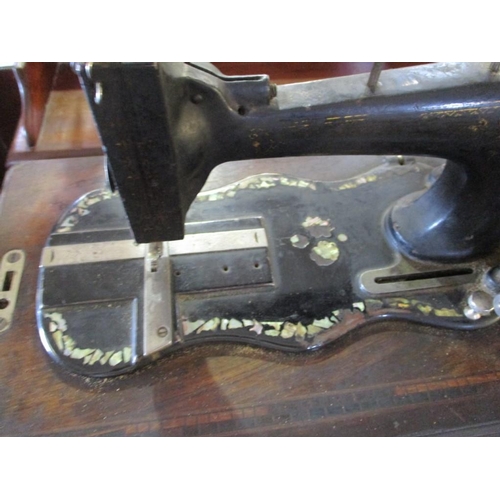 179 - Antique Sewing Machine with Inlaid Mother of Pearl Surround, Large Wooden Base and Cover Box