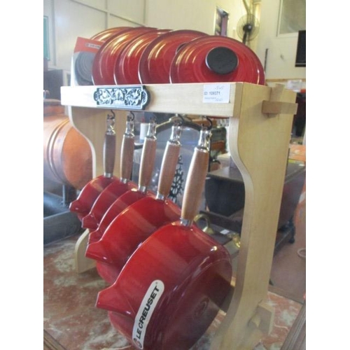 84 - Set of 5x Le Creuset Saucepans with Wood Rack (wood handle and lid) New
