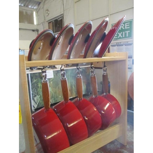 84 - Set of 5x Le Creuset Saucepans with Wood Rack (wood handle and lid) New