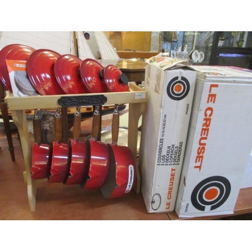 84 - Set of 5x Le Creuset Saucepans with Wood Rack (wood handle and lid) New