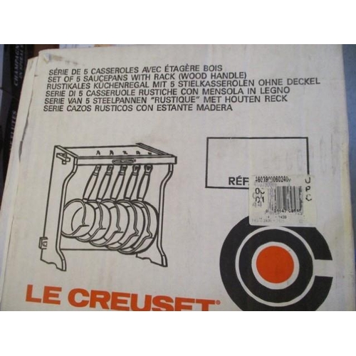 84 - Set of 5x Le Creuset Saucepans with Wood Rack (wood handle and lid) New