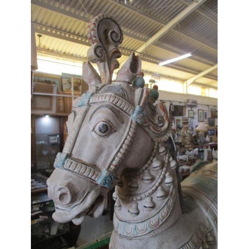 145 - Solid Wood Replica of Carved Horse from Rajasthan, India, with Full Regalia, (a/f).

The overall hei... 