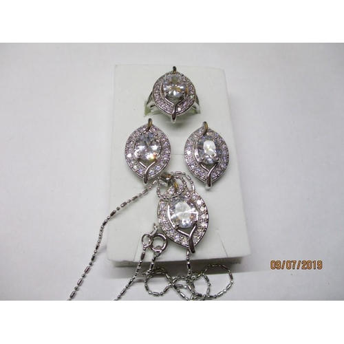 182 - Silver Matching Jewellery with Large Crystal Ring, Earrings & Pendant with Chain