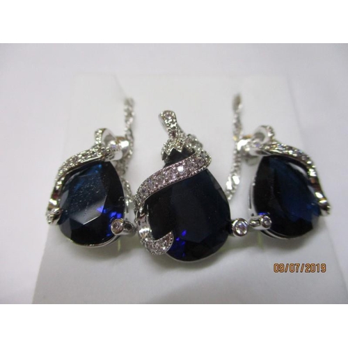 156 - Modern Silver Set of Matching Jewellery with Navy Blue Crystal Earrings, Ring & Pendant with Chain