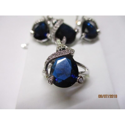 156 - Modern Silver Set of Matching Jewellery with Navy Blue Crystal Earrings, Ring & Pendant with Chain