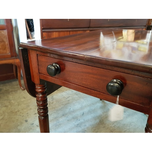 123 - Victorian Solid Mahogany Pembroke Table with End Drawer, Turned Legs and Original Casters