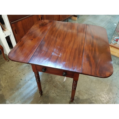 123 - Victorian Solid Mahogany Pembroke Table with End Drawer, Turned Legs and Original Casters