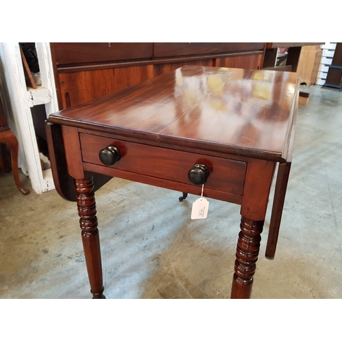 123 - Victorian Solid Mahogany Pembroke Table with End Drawer, Turned Legs and Original Casters